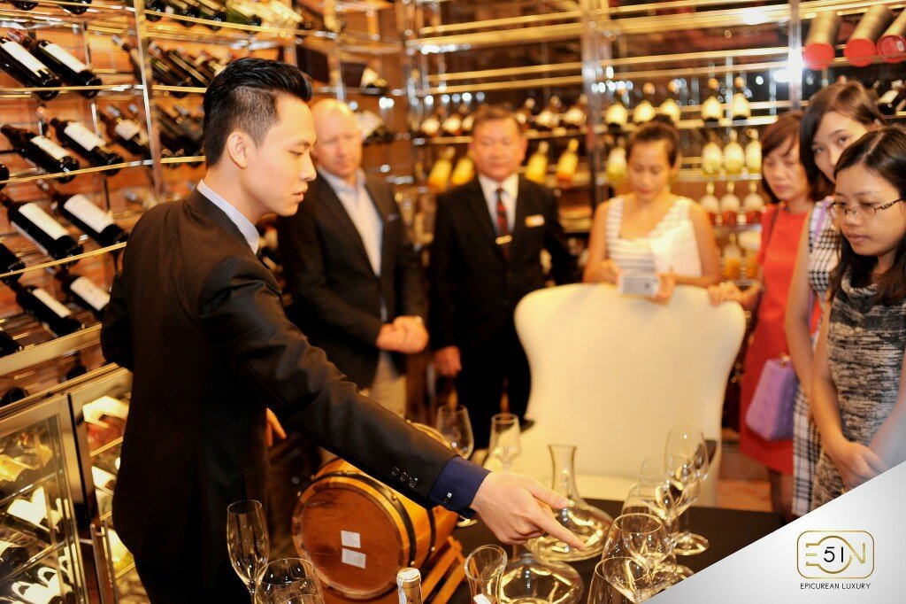 Sommelier Shows Guest Glass Type Luxury Dining